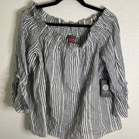 NWT- Vince Camuto- Almofi Breeze off the shoulder- striped linen blouse- Size L - Picture 1 of 8